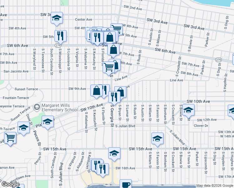map of restaurants, bars, coffee shops, grocery stores, and more near 917 South Bryan Street in Amarillo