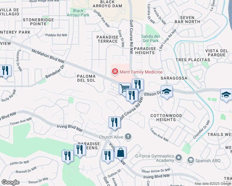 map of restaurants, bars, coffee shops, grocery stores, and more near 4824 McMahon Boulevard Northwest in Albuquerque