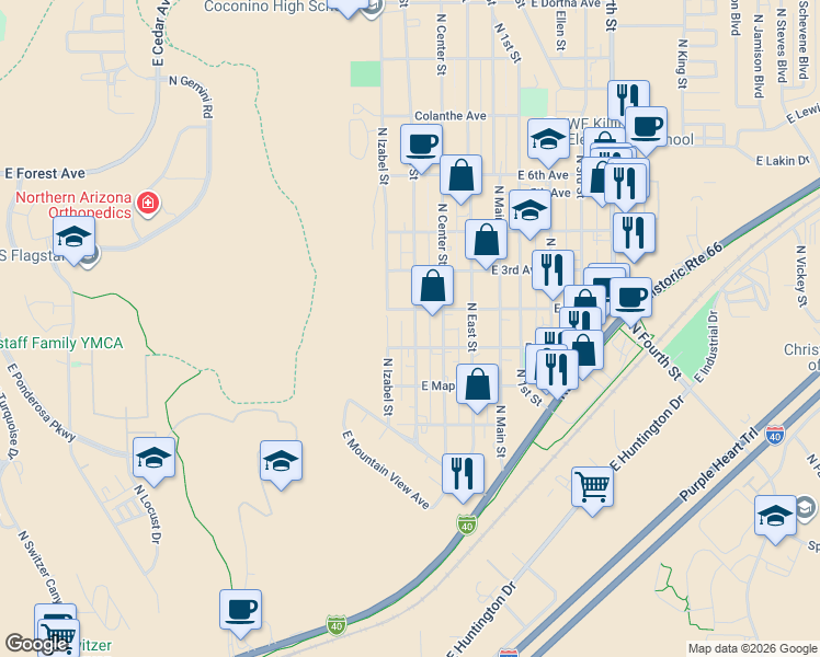 map of restaurants, bars, coffee shops, grocery stores, and more near 1896 North West Street in Flagstaff