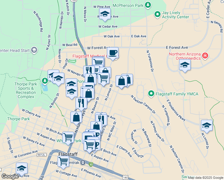 map of restaurants, bars, coffee shops, grocery stores, and more near 918 North Leroux Street in Flagstaff