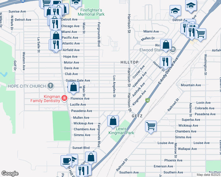 map of restaurants, bars, coffee shops, grocery stores, and more near 2109 Los Angeles Street in Kingman