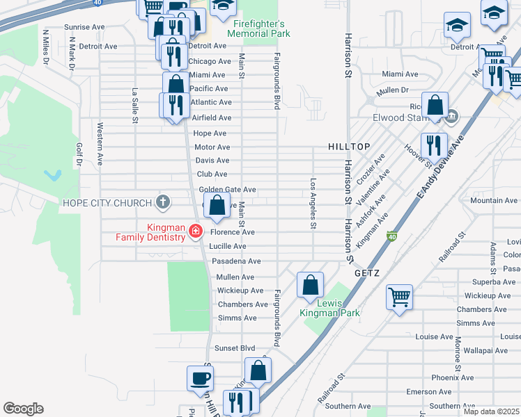 map of restaurants, bars, coffee shops, grocery stores, and more near 2028 Golden Gate Avenue in Kingman
