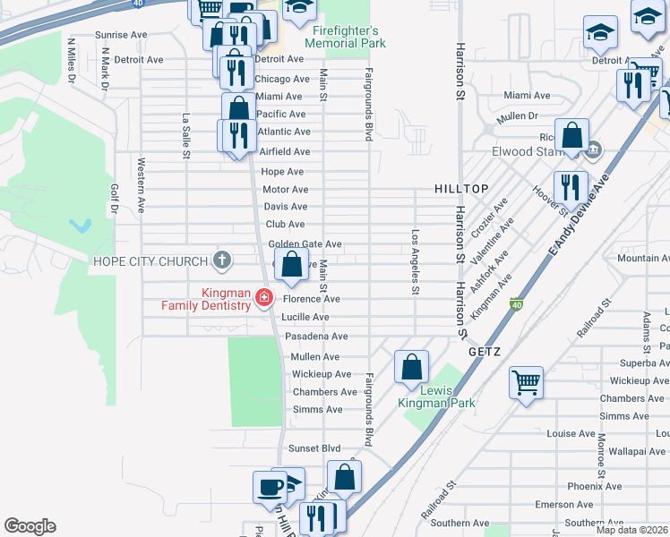 map of restaurants, bars, coffee shops, grocery stores, and more near 2111 Main St in Kingman