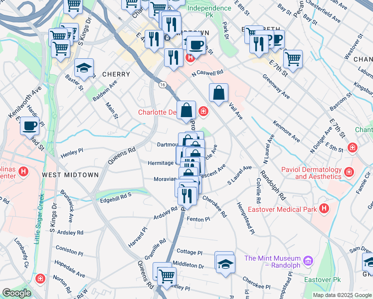 map of restaurants, bars, coffee shops, grocery stores, and more near 2131 Dartmouth Place in Charlotte