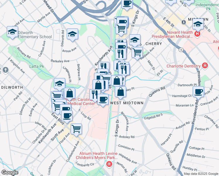 map of restaurants, bars, coffee shops, grocery stores, and more near in Charlotte