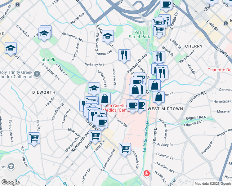 map of restaurants, bars, coffee shops, grocery stores, and more near 1206 Kenilworth Avenue in Charlotte