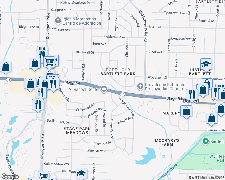 map of restaurants, bars, coffee shops, grocery stores, and more near 5367 Virgil Road in Bartlett