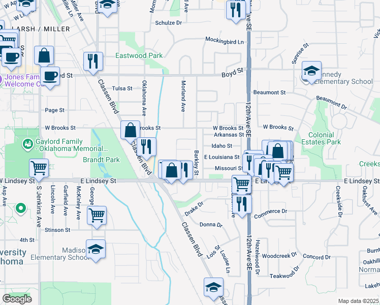 map of restaurants, bars, coffee shops, grocery stores, and more near 1808 Virginia Street in Norman