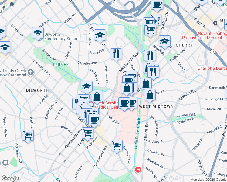 map of restaurants, bars, coffee shops, grocery stores, and more near Kenilworth Avenue & Romany Road in Charlotte
