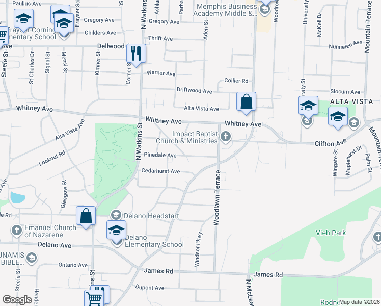 map of restaurants, bars, coffee shops, grocery stores, and more near 1921 Clifton Avenue in Memphis