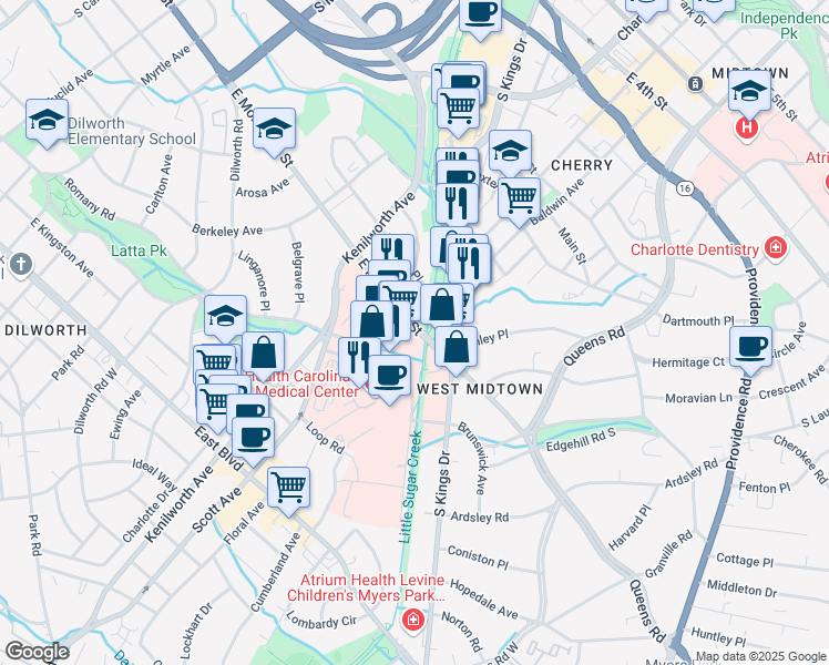 map of restaurants, bars, coffee shops, grocery stores, and more near 1400 East Morehead Street in Charlotte