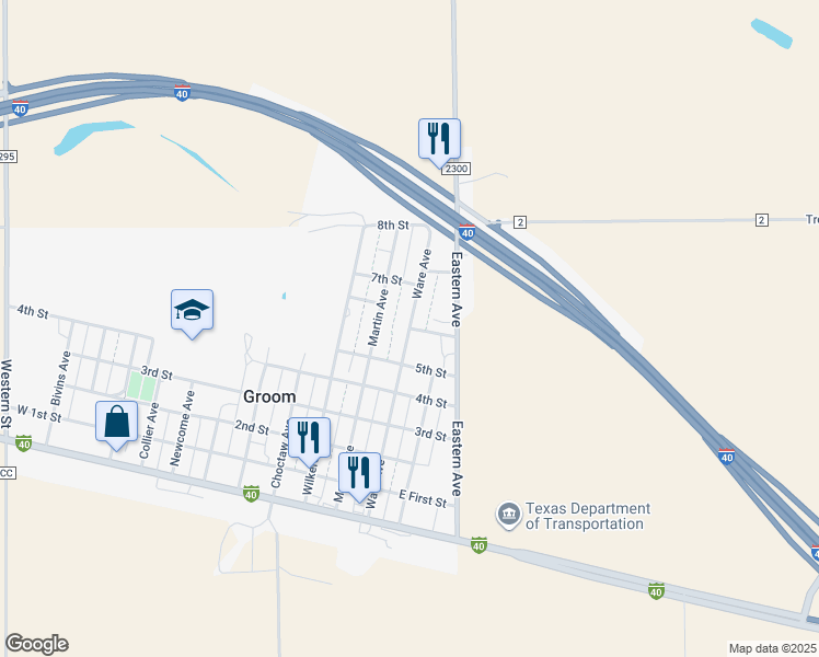 map of restaurants, bars, coffee shops, grocery stores, and more near 598 Ware Ave in Groom
