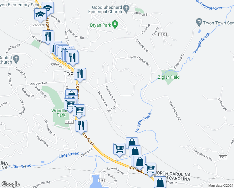 map of restaurants, bars, coffee shops, grocery stores, and more near 100 Hyde Avenue in Tryon