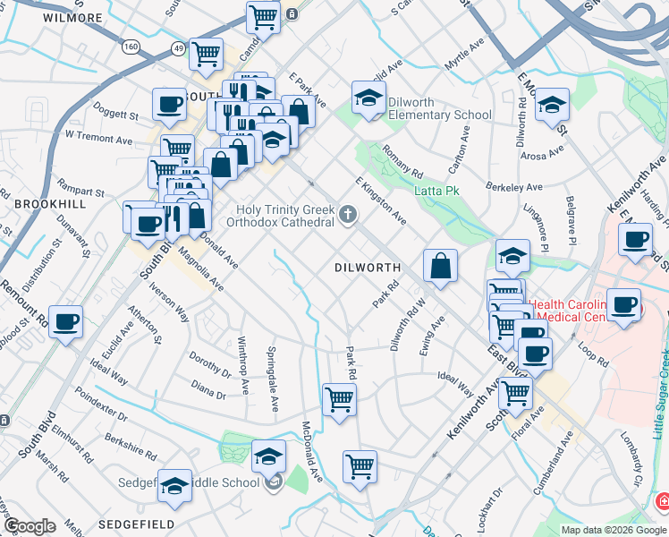 map of restaurants, bars, coffee shops, grocery stores, and more near 701 East Worthington Avenue in Charlotte