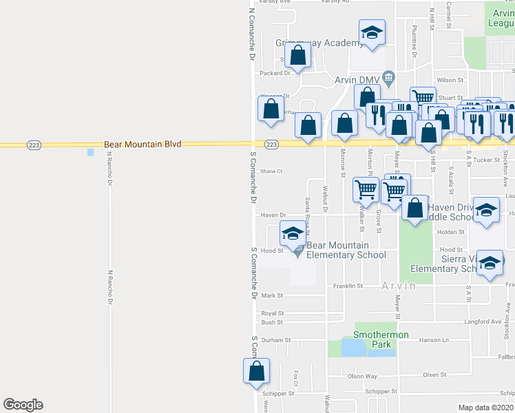 map of restaurants, bars, coffee shops, grocery stores, and more near 424 South Comanche Drive in Arvin
