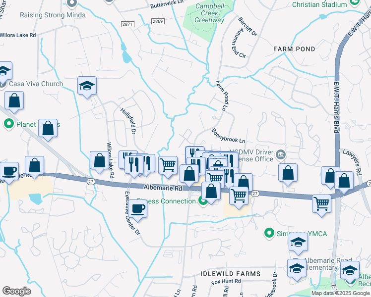 map of restaurants, bars, coffee shops, grocery stores, and more near 5500 Farm Pond Lane in Charlotte