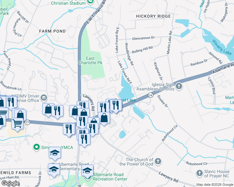 map of restaurants, bars, coffee shops, grocery stores, and more near in Charlotte