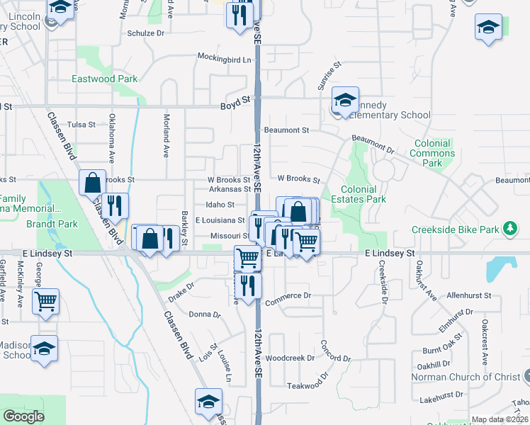 map of restaurants, bars, coffee shops, grocery stores, and more near 1012 Montgomery Circle in Norman