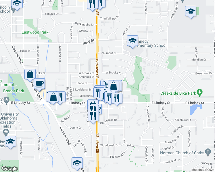 map of restaurants, bars, coffee shops, grocery stores, and more near 1030 Raleigh Circle in Norman