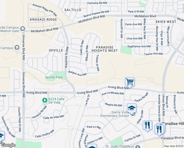 map of restaurants, bars, coffee shops, grocery stores, and more near 5828 Costa Calida Avenue Northwest in Albuquerque