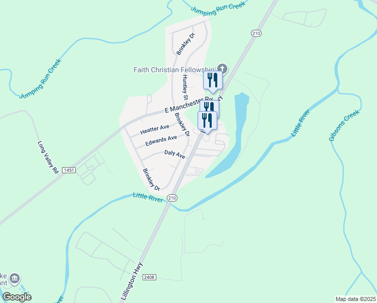 map of restaurants, bars, coffee shops, grocery stores, and more near 2704 Brinkley Drive in Spring Lake