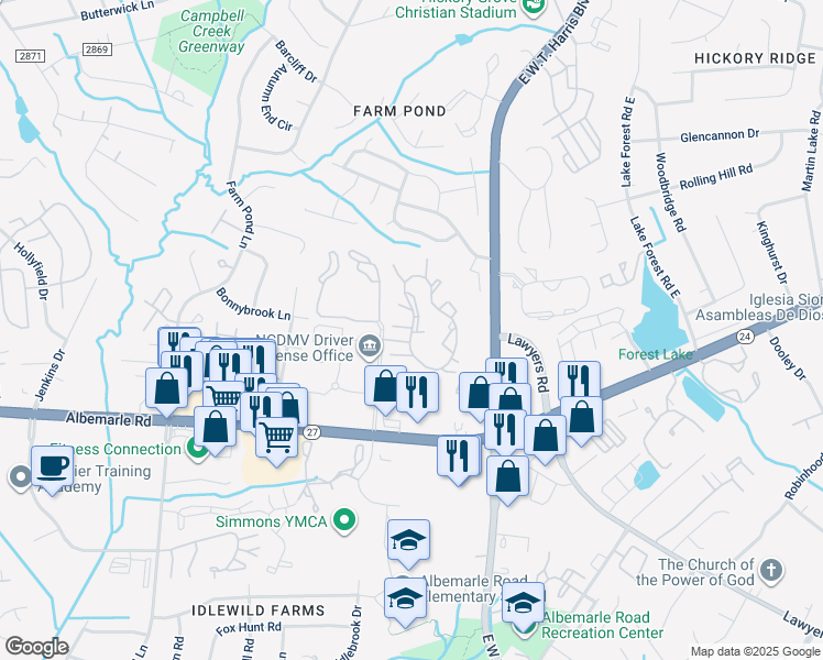 map of restaurants, bars, coffee shops, grocery stores, and more near 7118 Winding Cedar Trail in Charlotte