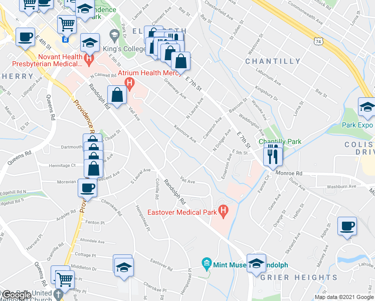 map of restaurants, bars, coffee shops, grocery stores, and more near 2332 Kenmore Avenue in Charlotte