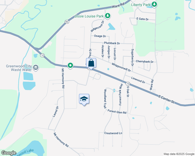 map of restaurants, bars, coffee shops, grocery stores, and more near 1485 East Center Street in Greenwood