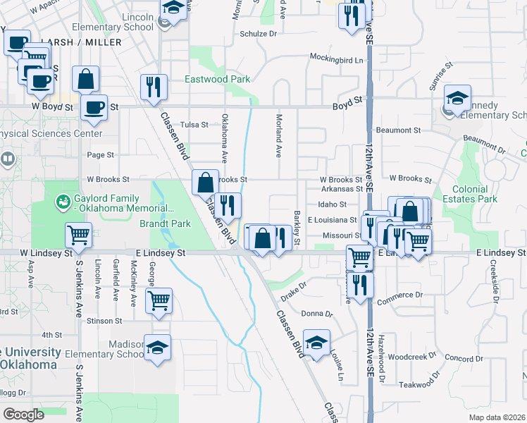 map of restaurants, bars, coffee shops, grocery stores, and more near 1886 Barkley Street in Norman