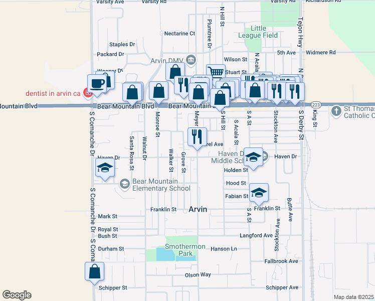 map of restaurants, bars, coffee shops, grocery stores, and more near 325 Grove Street in Arvin