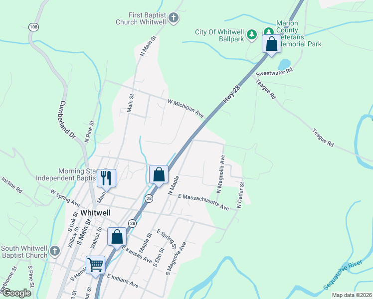 map of restaurants, bars, coffee shops, grocery stores, and more near 14385 Tennessee 28 in Whitwell