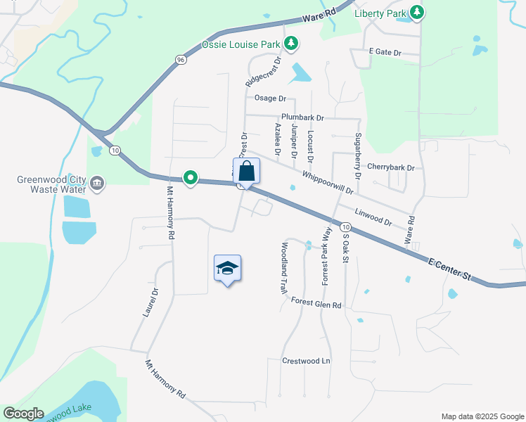 map of restaurants, bars, coffee shops, grocery stores, and more near 1485 East Center Street in Greenwood