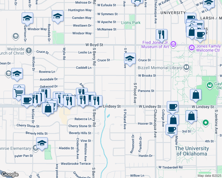 map of restaurants, bars, coffee shops, grocery stores, and more near 1017 Parsons Street in Norman