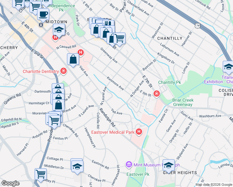 map of restaurants, bars, coffee shops, grocery stores, and more near 2332 Kenmore Avenue in Charlotte
