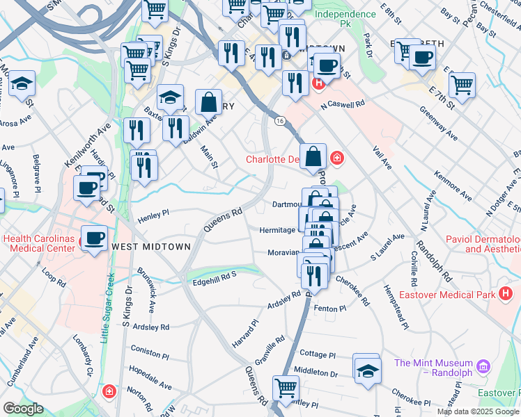 map of restaurants, bars, coffee shops, grocery stores, and more near 603 Queens Road in Charlotte
