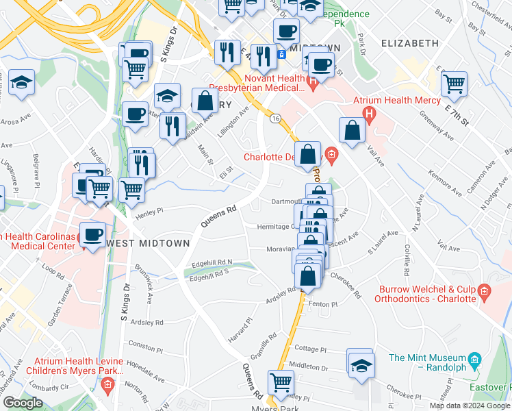 map of restaurants, bars, coffee shops, grocery stores, and more near in Charlotte