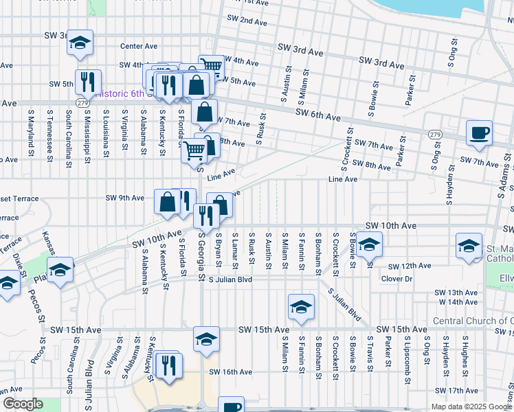 map of restaurants, bars, coffee shops, grocery stores, and more near 919 South Rusk Street in Amarillo