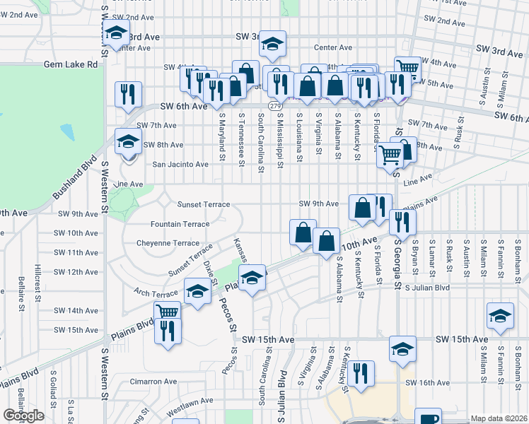 map of restaurants, bars, coffee shops, grocery stores, and more near 905 South Carolina Street in Amarillo