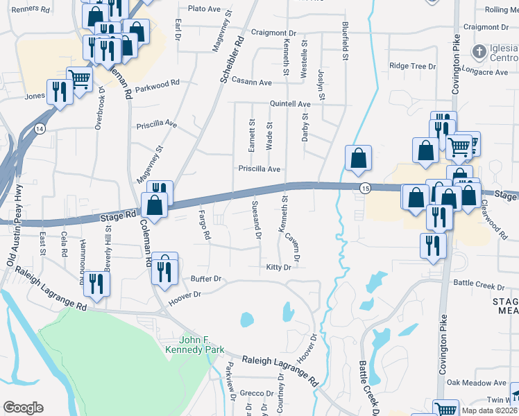 map of restaurants, bars, coffee shops, grocery stores, and more near 2948 Suesand Drive in Memphis