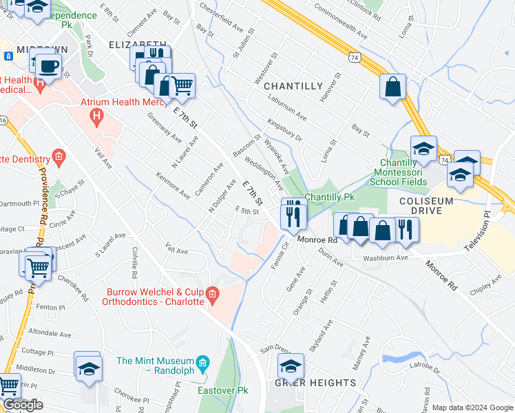 map of restaurants, bars, coffee shops, grocery stores, and more near 2625 East 5th Street in Charlotte