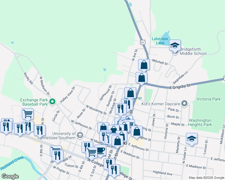 map of restaurants, bars, coffee shops, grocery stores, and more near 406 Spotwood Street in Pulaski