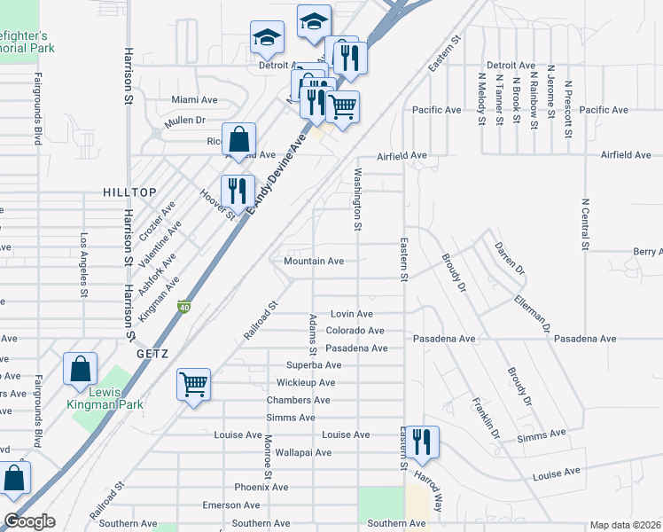 map of restaurants, bars, coffee shops, grocery stores, and more near 2719 Mountain Ave in Kingman