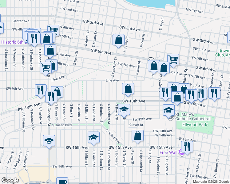 map of restaurants, bars, coffee shops, grocery stores, and more near 911 Crockett Street in Amarillo