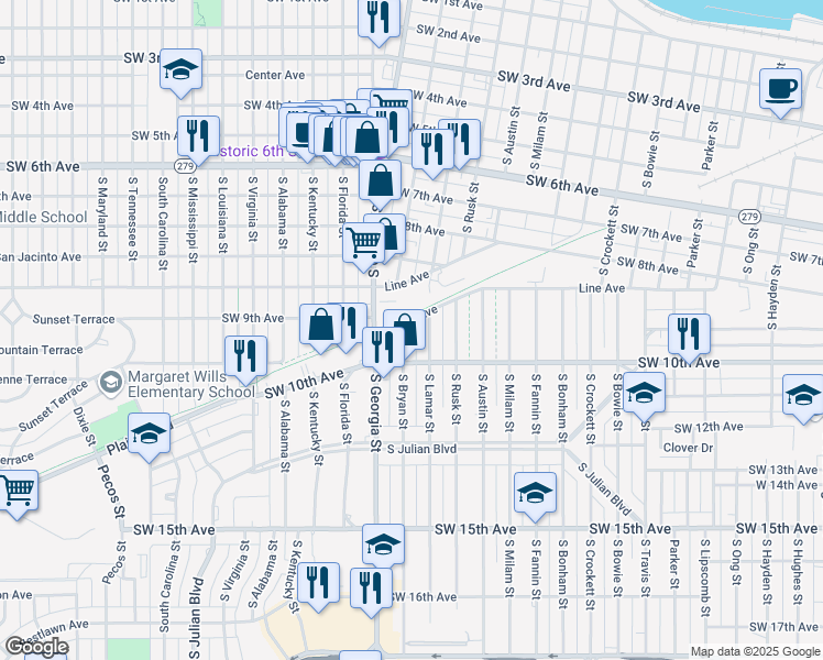 map of restaurants, bars, coffee shops, grocery stores, and more near 917 South Bryan Street in Amarillo