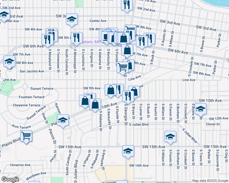map of restaurants, bars, coffee shops, grocery stores, and more near 2800 Southwest 9th Avenue in Amarillo