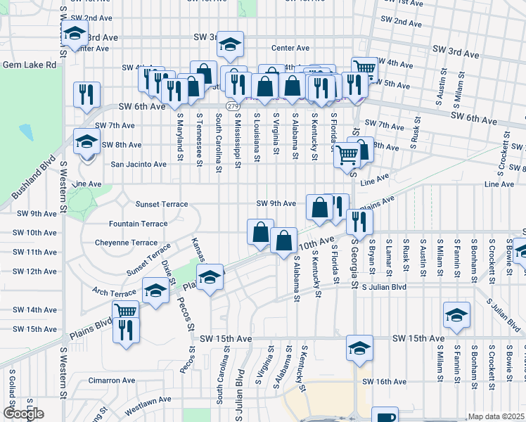 map of restaurants, bars, coffee shops, grocery stores, and more near 834 South Louisiana Street in Amarillo