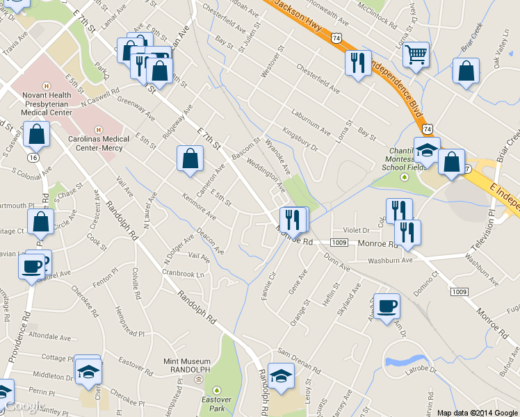 map of restaurants, bars, coffee shops, grocery stores, and more near in Charlotte