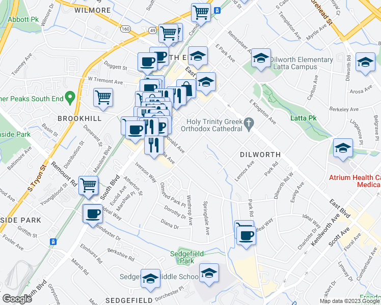 map of restaurants, bars, coffee shops, grocery stores, and more near in Charlotte