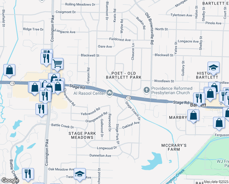 map of restaurants, bars, coffee shops, grocery stores, and more near 2954 Stage Park Place in Bartlett
