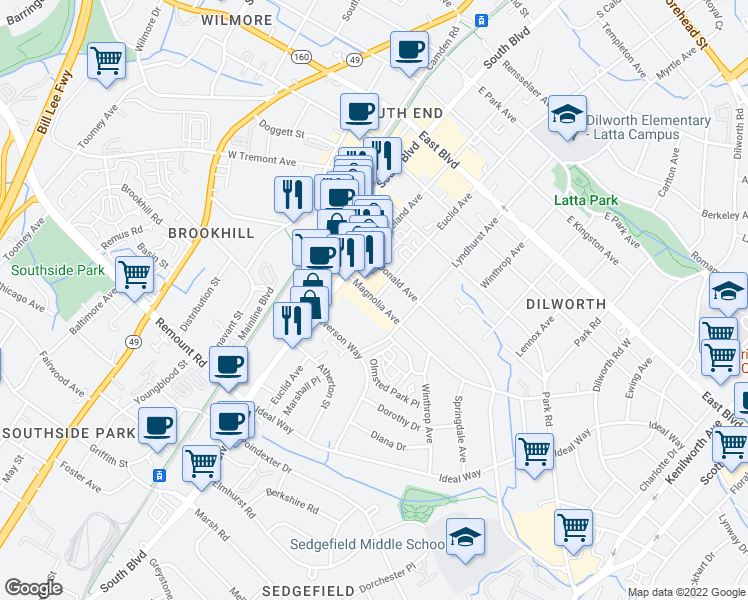 map of restaurants, bars, coffee shops, grocery stores, and more near Euclid Avenue & Magnolia Avenue in Charlotte